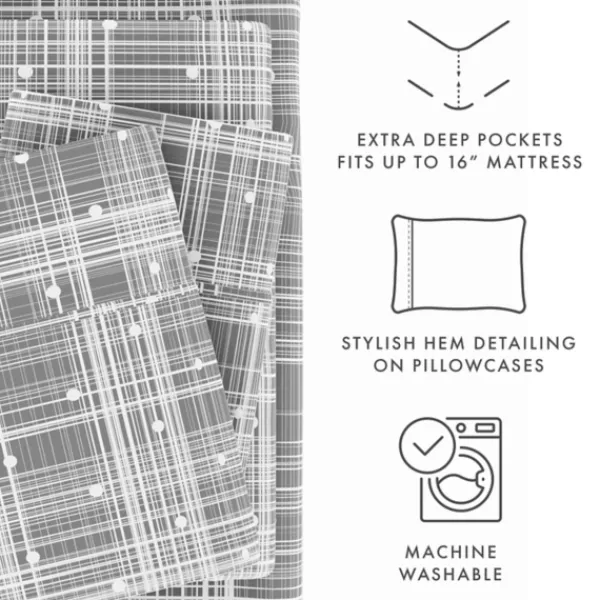 Bed Sheets-Kirkland's Home Plaid Polka Dot 3-Pc. Twin Sheet Set Gray