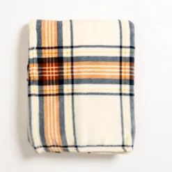 Blankets & Throws-Kirkland's Home Plush Cream Plaid Throw Ivory/Orange