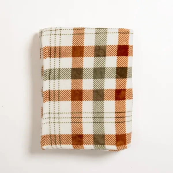 Blankets & Throws-Kirkland's Home Plush Spice Plaid Throw Ivory/Orange/Green