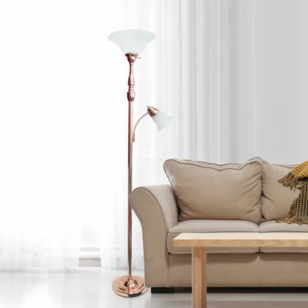 Floor Lamps-Kirkland's Home Polished Rose Gold And White Reading Arm Torchiere Pink