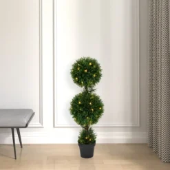 Trees & Topiaries-Kirkland's Home Pre-Lit Double Ball Cedar Potted Topiary