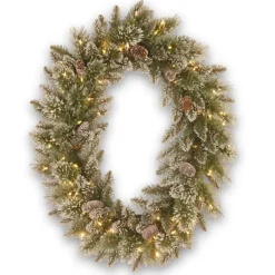 Wreaths-Kirkland's Home Pre-Lit Glittery Pine Oval Christmas Wreath Green