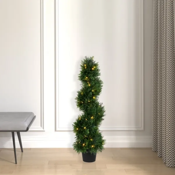 Trees & Topiaries-Kirkland's Home Pre-Lit Potted Spiral Pond Cypress Topiary, 3 Ft.