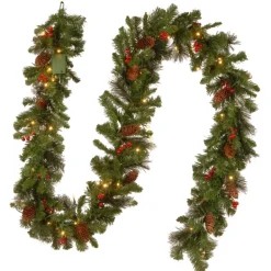 Arrangements & Greenery-Kirkland's Home Pre-Lit Red Berry And Cone Spruce Garland Green/Red/Brown