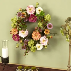 Wreaths-Kirkland's Home Pretty Peony Garden Mix Wreath Pink/Green/Orange/Purple