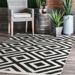 Outdoor Rugs-Kirkland's Home Rain Diamond Fringe Indoor/Outdoor Area Rug, 5X8 Black/White