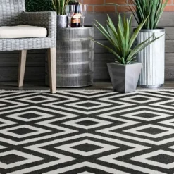 Outdoor Rugs-Kirkland's Home Rain Diamond Fringe Indoor/Outdoor Area Rug, 5X8 Black/White