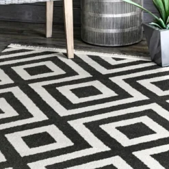 Outdoor Rugs-Kirkland's Home Rain Diamond Fringe Indoor/Outdoor Area Rug, 5X8 Black/White