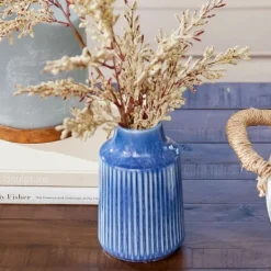 Vases-Kirkland's Home Reactive Ribbed Vase, 7 In. Blue