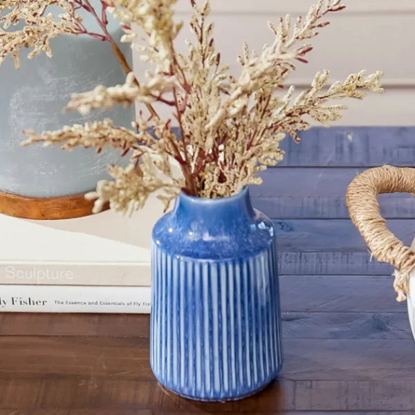 Vases-Kirkland's Home Reactive Ribbed Vase, 7 In. Blue