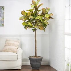 Trees & Topiaries-Kirkland's Home Real Touch Croton Leaf Tree In Black Pot, 6 Ft.