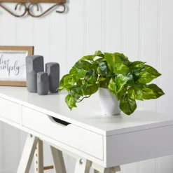 Arrangements & Greenery-Kirkland's Home Real Touch Variegated Pothos In White Planter Green/White