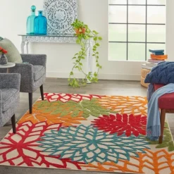 Outdoor Rugs-Kirkland's Home Red Bright Floral Burst Outdoor Area Rug, 5X7 Red/Blue/Orange