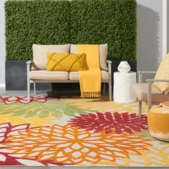 Outdoor Rugs-Kirkland's Home Red Floral Burst Outdoor Area Rug, 7X10 Red/Orange/Green
