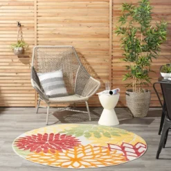 Outdoor Rugs-Kirkland's Home Red Floral Burst Outdoor Round Area Rug, 5 Ft. Red/Orange/Green
