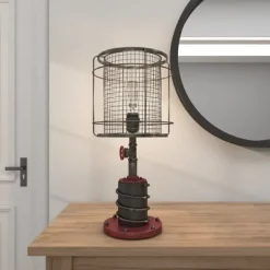 Table Lamps-Kirkland's Home Red Iron Cage Shade Edison Table Lamp Black