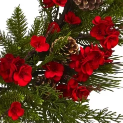 Wreaths-Kirkland's Home Red Plum Blossom Pinecone Wreath, 24 In. Green/Red