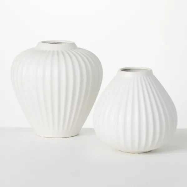 Vases-Kirkland's Home Ribbed Teardrop Vases, Set Of 2 White