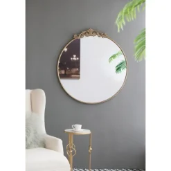 Decorative Mirrors-Kirkland's Home Round Antique Floral Scroll Mirror, 39 In. Gold