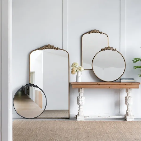 Decorative Mirrors-Kirkland's Home Round Antique Floral Scroll Mirror, 32 In. Gold
