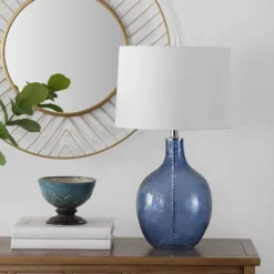 Table Lamps-Kirkland's Home Round Blue Textured Glass Table Lamp White