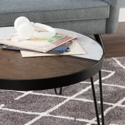 Coffee Tables-Kirkland's Home Round Brown Wood And White Marble Top Coffee Table Brown/White