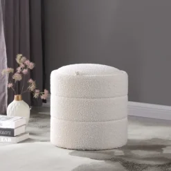 Benches & Ottomans-Kirkland's Home Round Cream Boucle Storage Ottoman Ivory