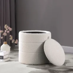 Benches & Ottomans-Kirkland's Home Round Cream Boucle Storage Ottoman Ivory