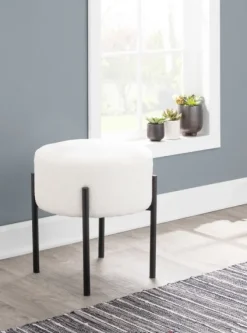 Benches & Ottomans-Kirkland's Home Round Cream Upholstered Metal Base Ottoman Ivory