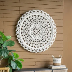 Wall Plaques-Kirkland's Home Round Distressed Wood Carved Wall Plaque White