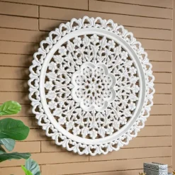 Wall Plaques-Kirkland's Home Round Distressed Wood Carved Wall Plaque White