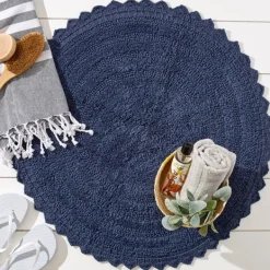 Bathroom Rugs-Kirkland's Home Round French Crochet Bath Mat, 28 In. Blue