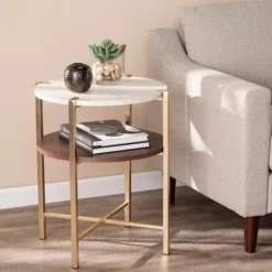 Accent & End Tables-Kirkland's Home Round Gold 2-Tier Accent Table White