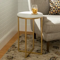 Accent & End Tables-Kirkland's Home Round Marble And Gold Accent Table White