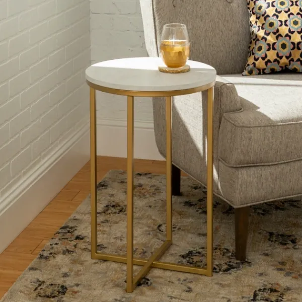 Accent & End Tables-Kirkland's Home Round Marble And Gold Accent Table White