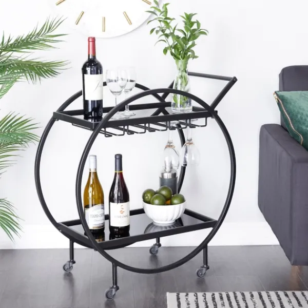 Kitchen Islands & Bar Carts-Kirkland's Home Round Metal And Glass 2-Ter Bar Cart Black