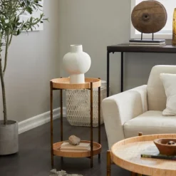 Accent & End Tables-Kirkland's Home Round Rattan 2-Tier Side Table Brown