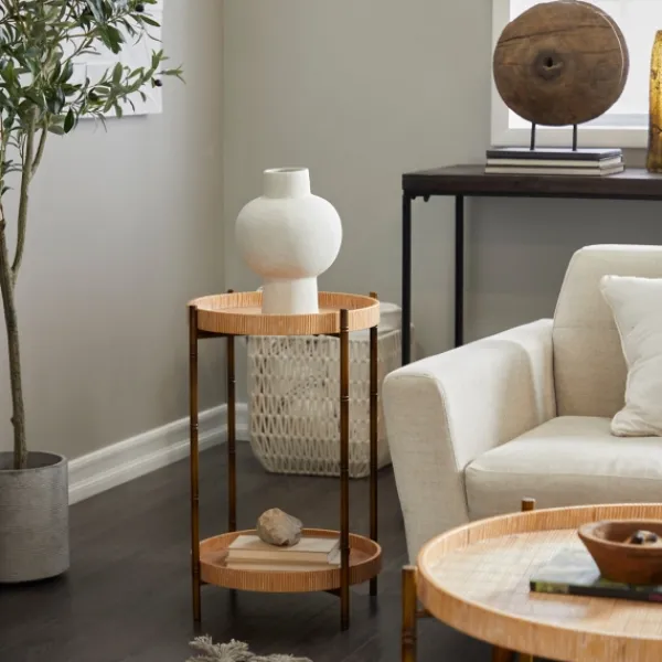 Accent & End Tables-Kirkland's Home Round Rattan 2-Tier Side Table Brown