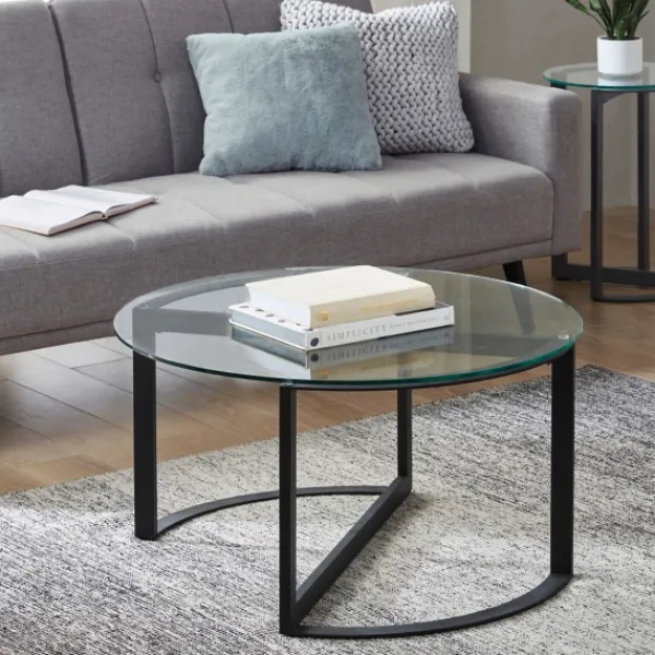 Coffee Tables-Kirkland's Home Round Tempered Glass Hourglass Base Coffee Table Black