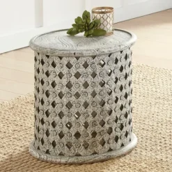 Accent & End Tables-Kirkland's Home Round White Wood Lattice Accent Table