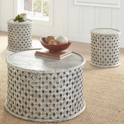Coffee Tables-Kirkland's Home Round White Wood Lattice Coffee Table