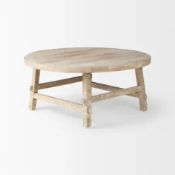 Coffee Tables-Kirkland's Home Round Whitewash Wood Modern Farmhouse Coffee Table White/Brown