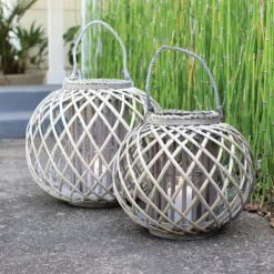 Lanterns-Kirkland's Home Round Willow Woven Lantern Gray/Tan