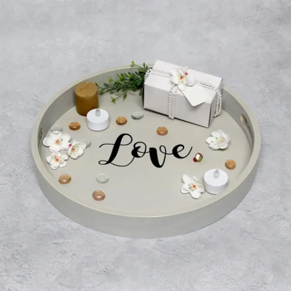 Decorative Trays-Kirkland's Home Round Wood Love Tray Gray