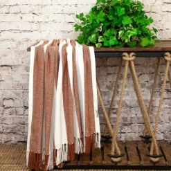 Blankets & Throws-Kirkland's Home Rust Chalet Striped Fringe Throw Red/White