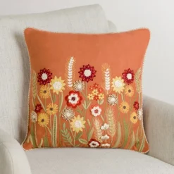 Pillows-Kirkland's Home Rust Embroidered Floral Throw Pillow Orange