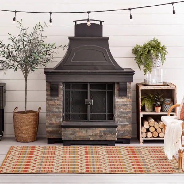 Outdoor Rugs-Kirkland's Home Rust Geo Ikat Outdoor Area Rug, 5X7 Red/Tan