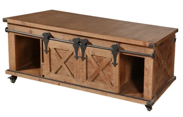 Coffee Tables-Kirkland's Home Rustic Fir Wood Rolling Barn Door Coffee Table Tan