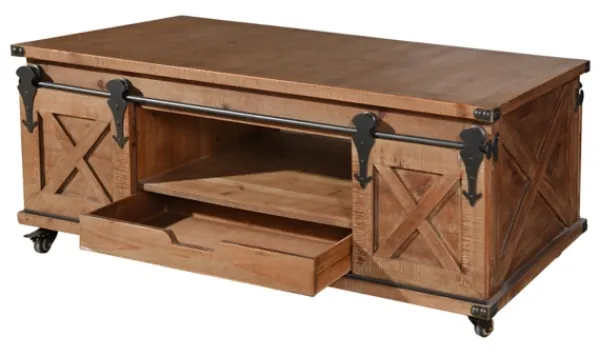 Coffee Tables-Kirkland's Home Rustic Fir Wood Rolling Barn Door Coffee Table Tan