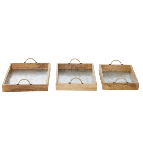 Decorative Trays-Kirkland's Home Rustic Galvanized 3-Pc. Decorative Tray Set Silver/Tan/Brown